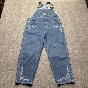 VTG 90s Revolt Womens 24 Blue Denim Overalls Bib Embroidered Floral Workwear